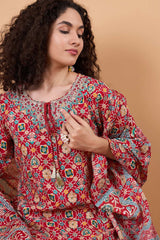 Women's Red Cotton Printed Kurta Set