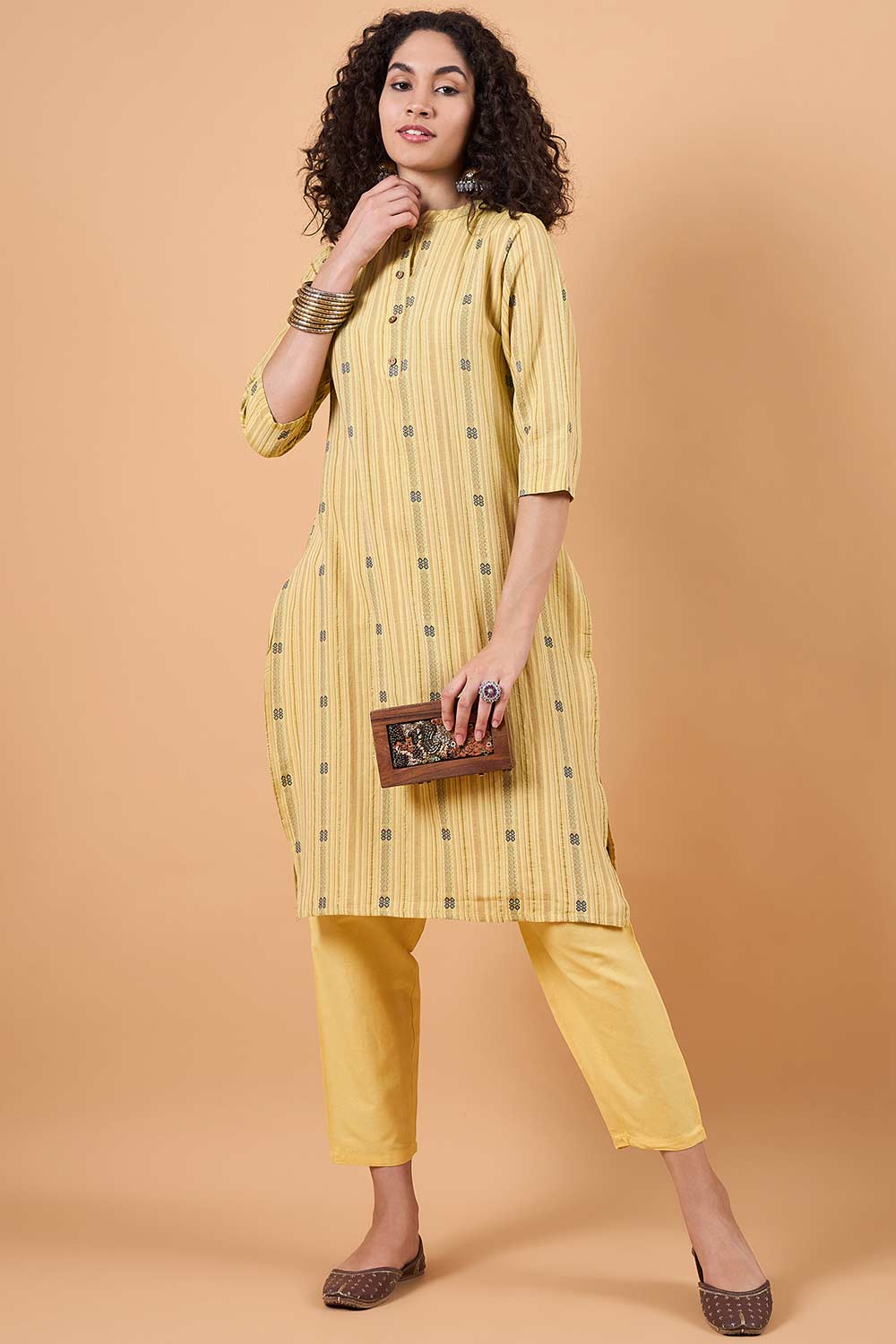 Women's Yellow Cotton Printed Kurta Set