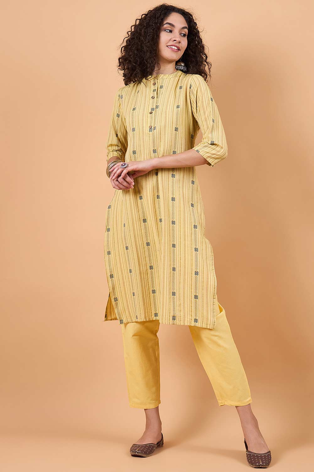 Women's Yellow Cotton Printed Kurta Set