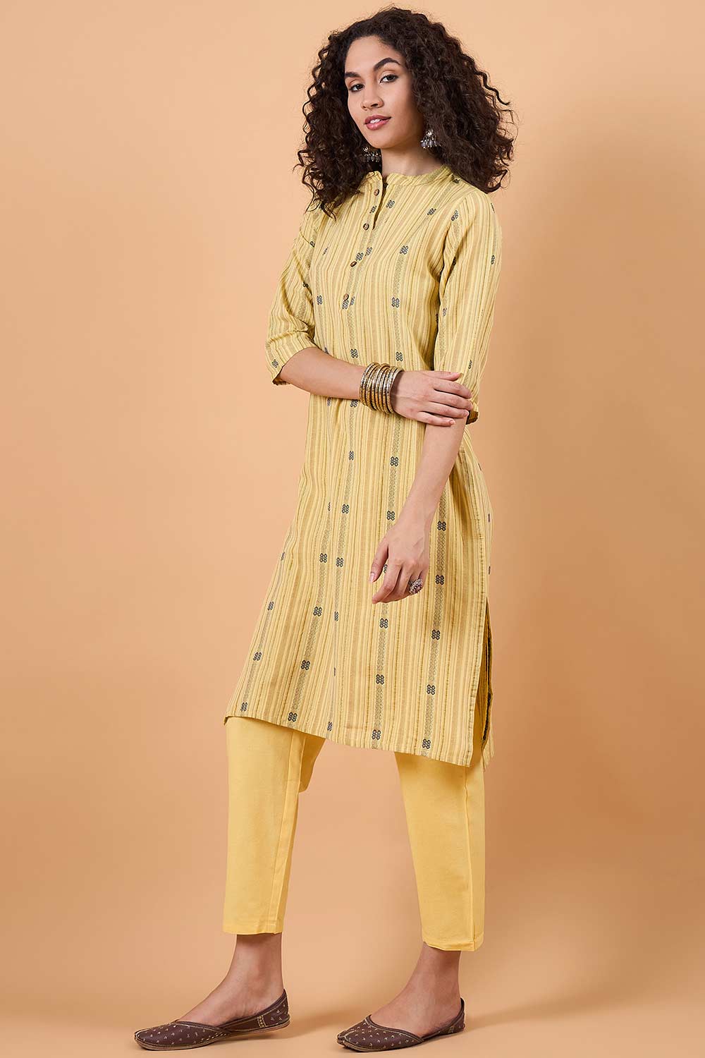 Women's Yellow Cotton Printed Kurta Set