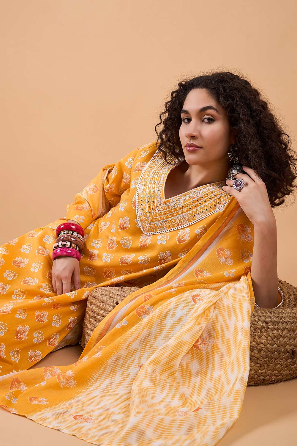 Women's Yellow Cotton Printed Kurta Set