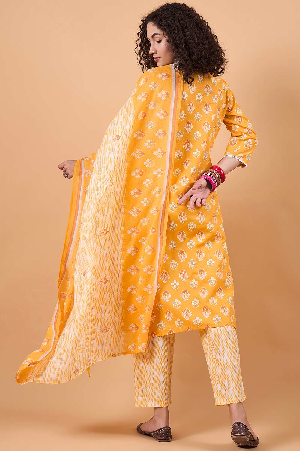 Women's Yellow Cotton Printed Kurta Set