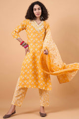 Women's Yellow Cotton Printed Kurta Set