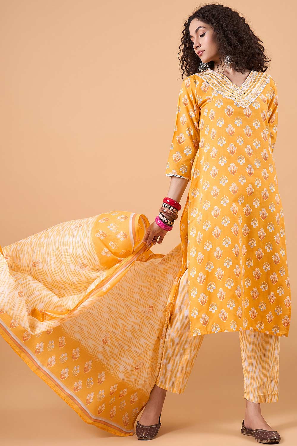 Women's Yellow Cotton Printed Kurti Set