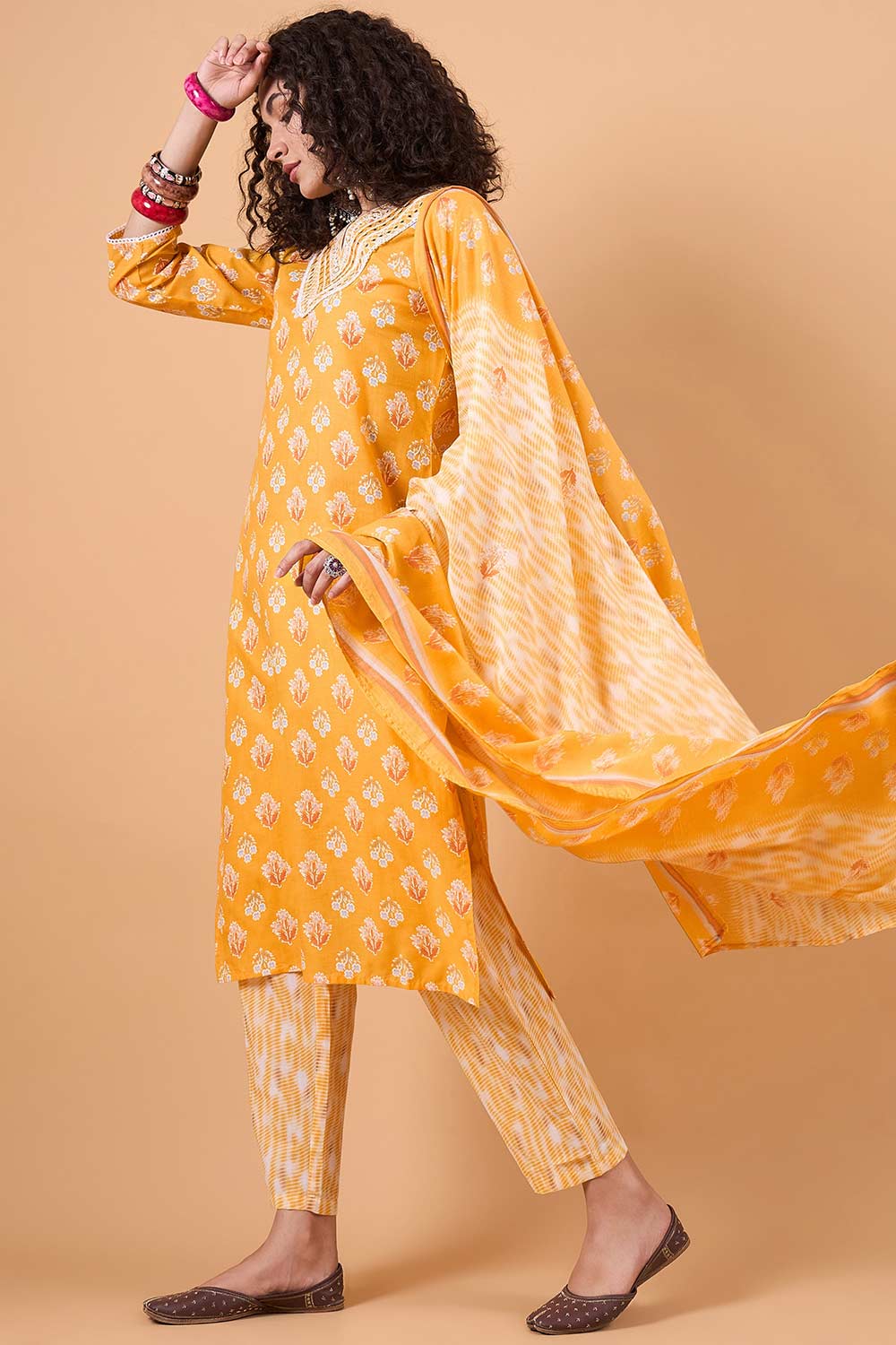 Women's Yellow Cotton Printed Kurta Set