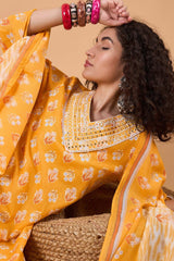 Women's Yellow Cotton Printed Kurta Set