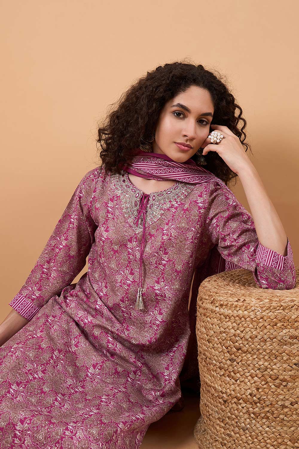 Women's Pink Cotton Blend Printed Kurti Set