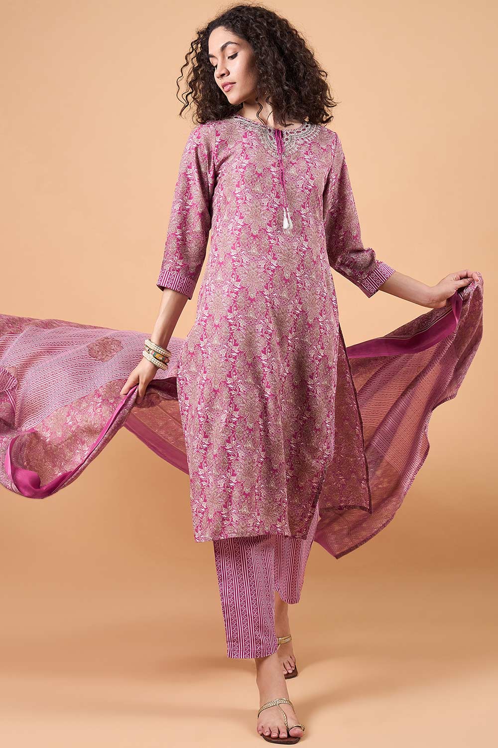 Women's Pink Cotton Blend Printed Kurta Set