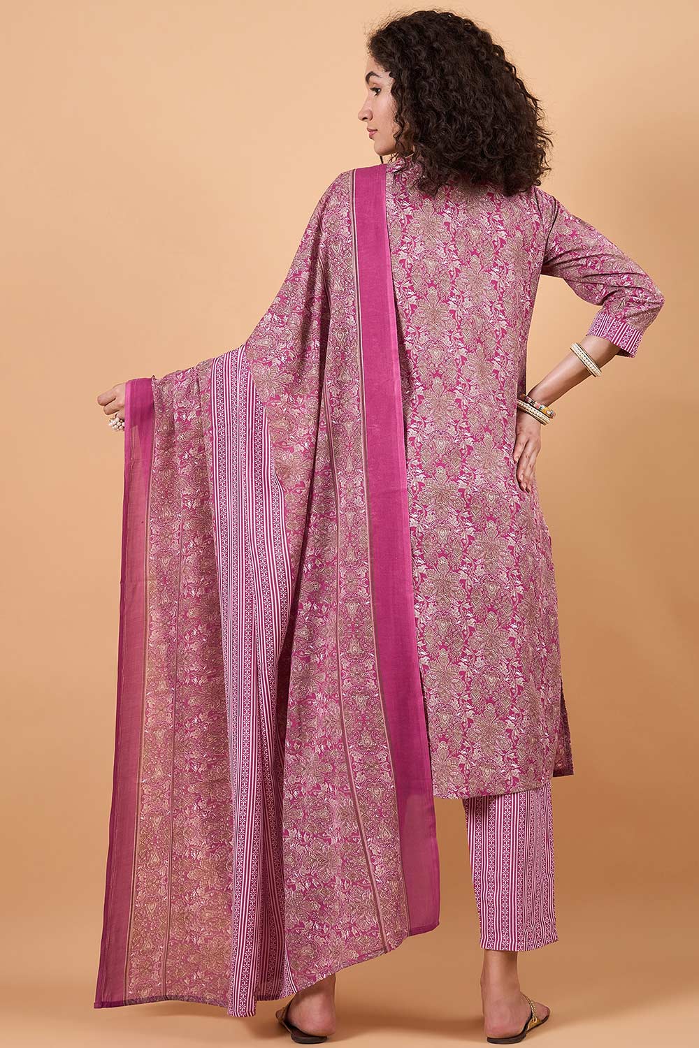 Women's Pink Cotton Blend Printed Kurta Set