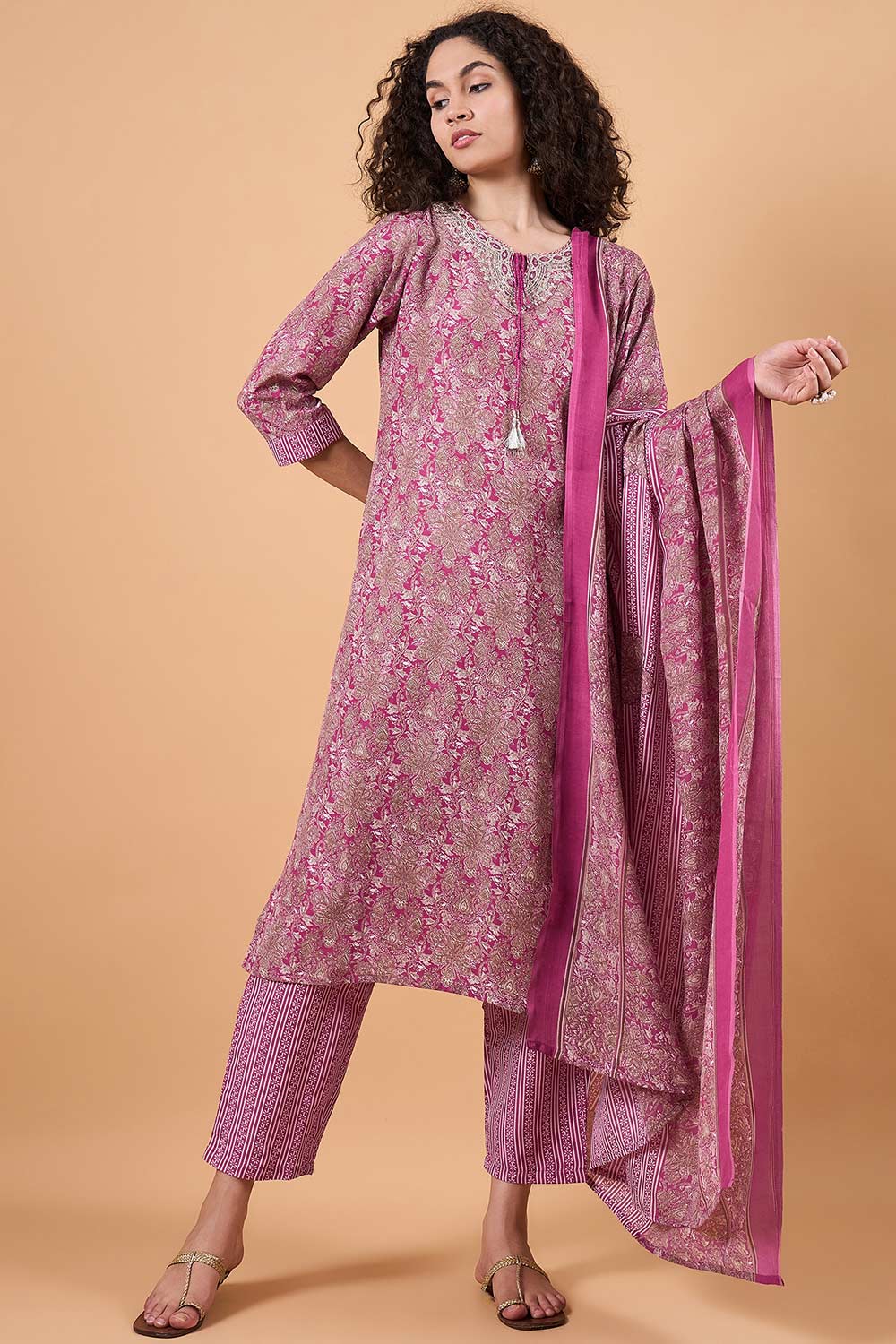 Women's Pink Cotton Blend Printed Kurta Set