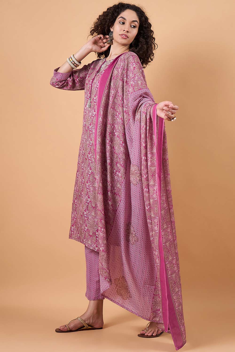 Women's Pink Cotton Blend Printed Kurta Set