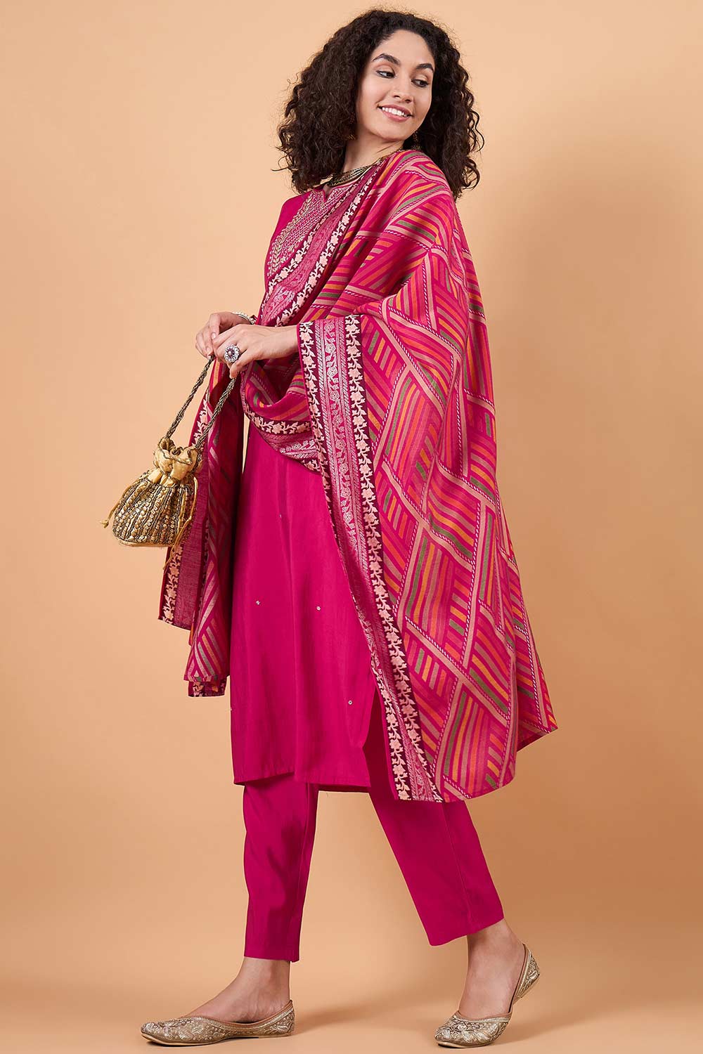 Women's Pink Silk Blend Printed Kurti Set