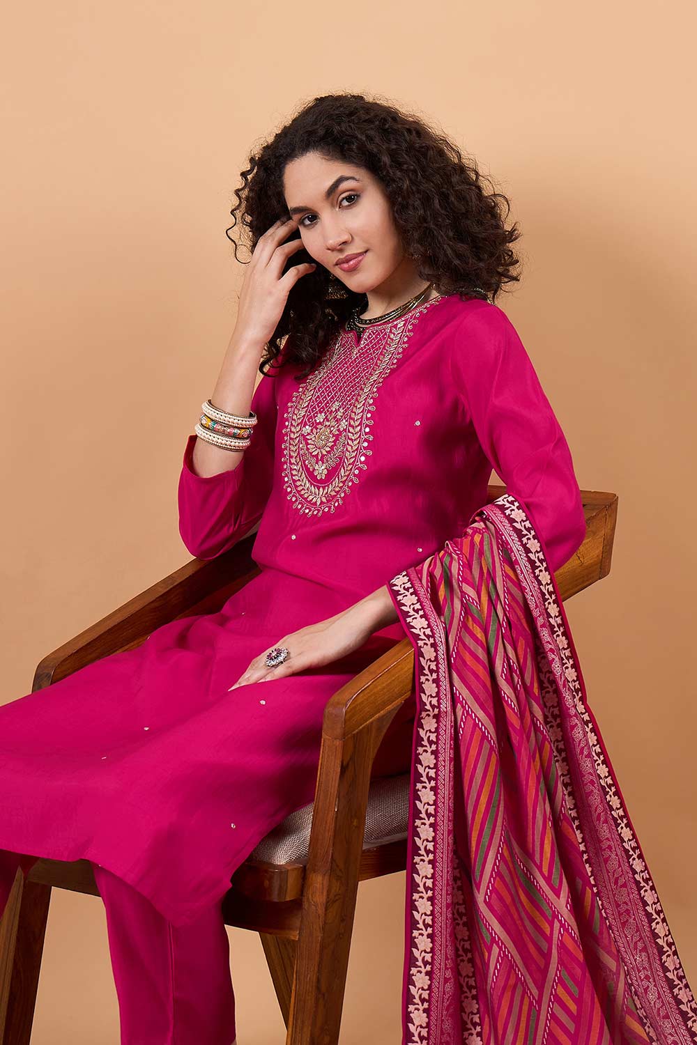 Women's Pink Silk Blend Printed Kurti Set