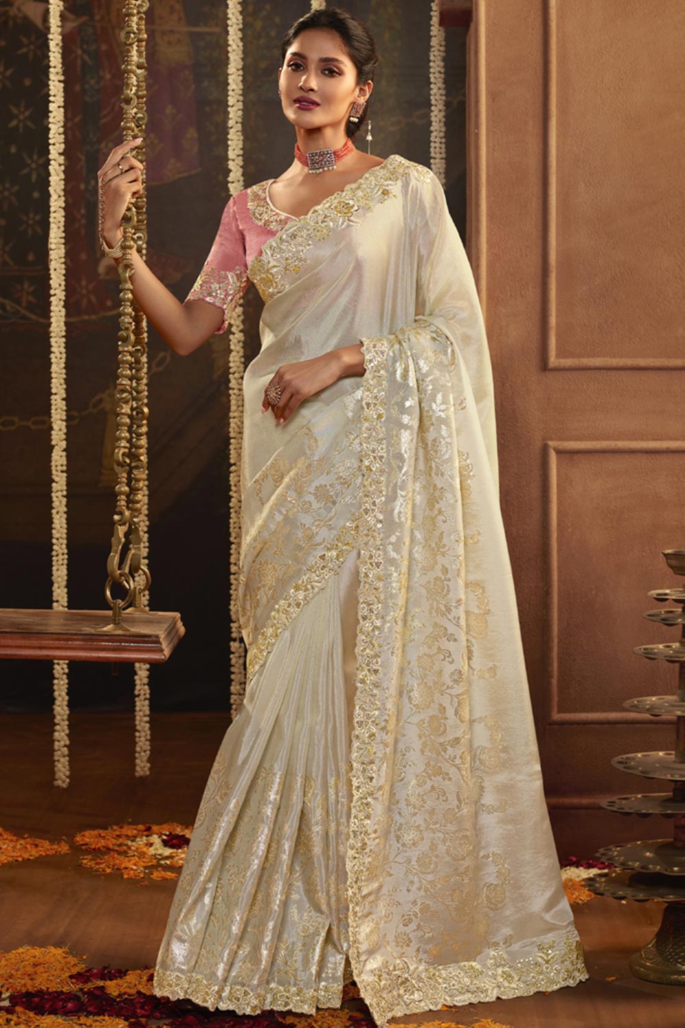 Cream Viscose Resham Embroidery Party Wear Designer Saree