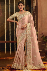 Baby Pink Viscose Resham Embroidery Party Wear Designer Saree