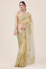 Cream Net Embroidery Sequence Sequins Work Party Wear Designer Saree