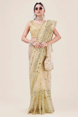 Cream Net Embroidery Sequence Sequins Work Party Wear Designer Saree