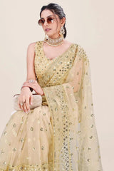 Cream Net Embroidery Sequence Sequins Work Party Wear Designer Saree