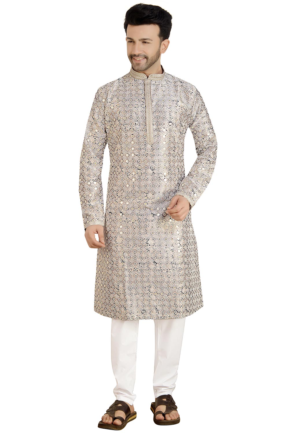 Silver Silk Mirror Sequin Embroidered Kurta Pajama