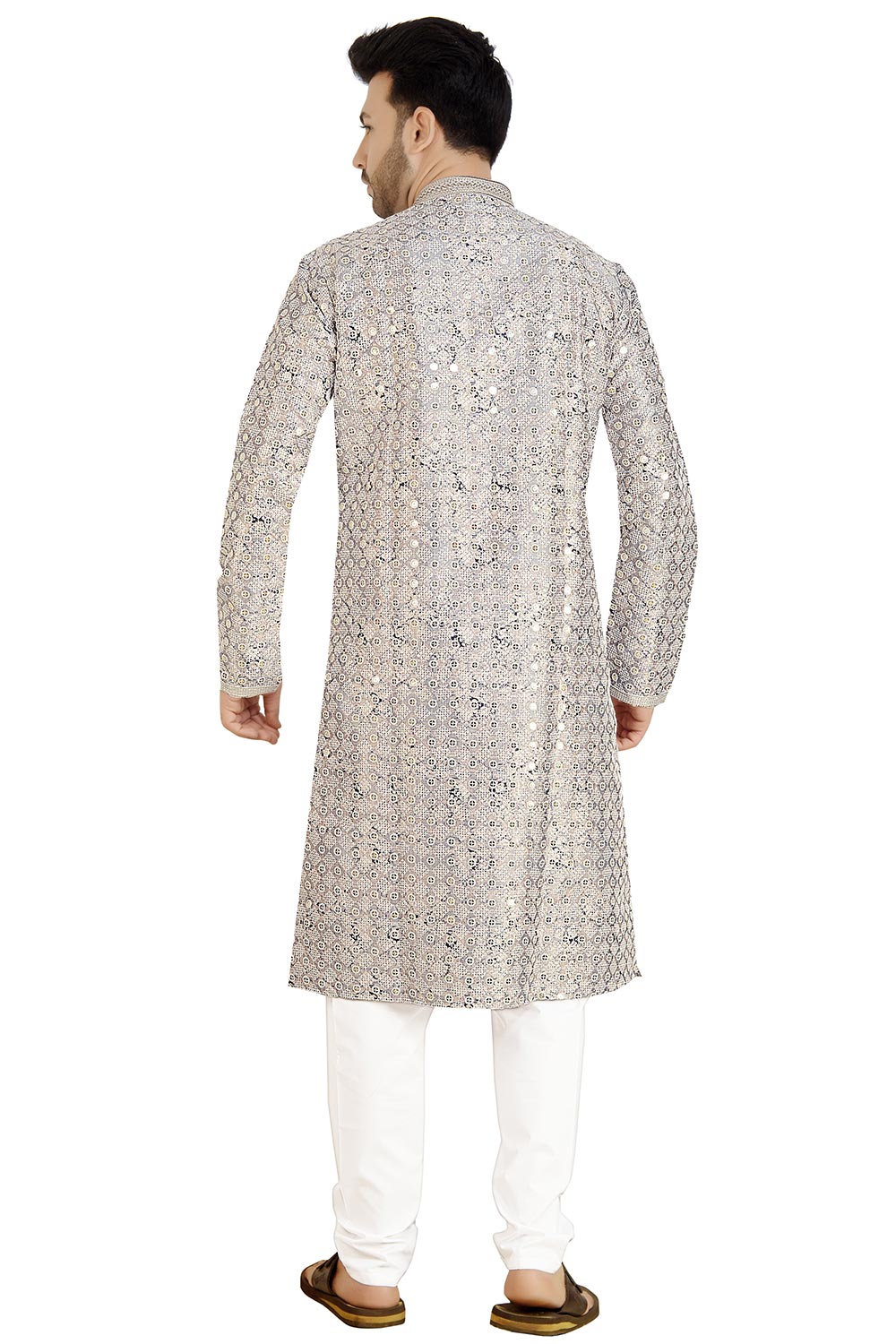 Silver Silk Mirror Sequin Embroidered Kurta Pajama