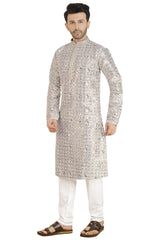 Silver Silk Mirror Sequin Embroidered Kurta Pajama