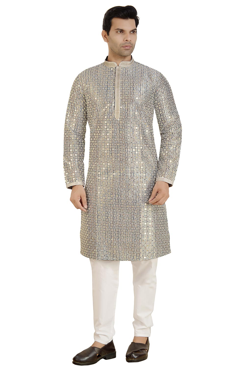 Silver Silk Mirror Sequin Embroidered Kurta Pajama