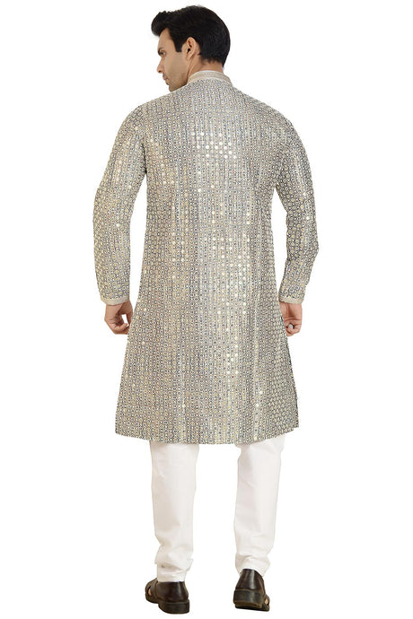 Silver Silk Mirror Sequin Embroidered Kurta Pajama