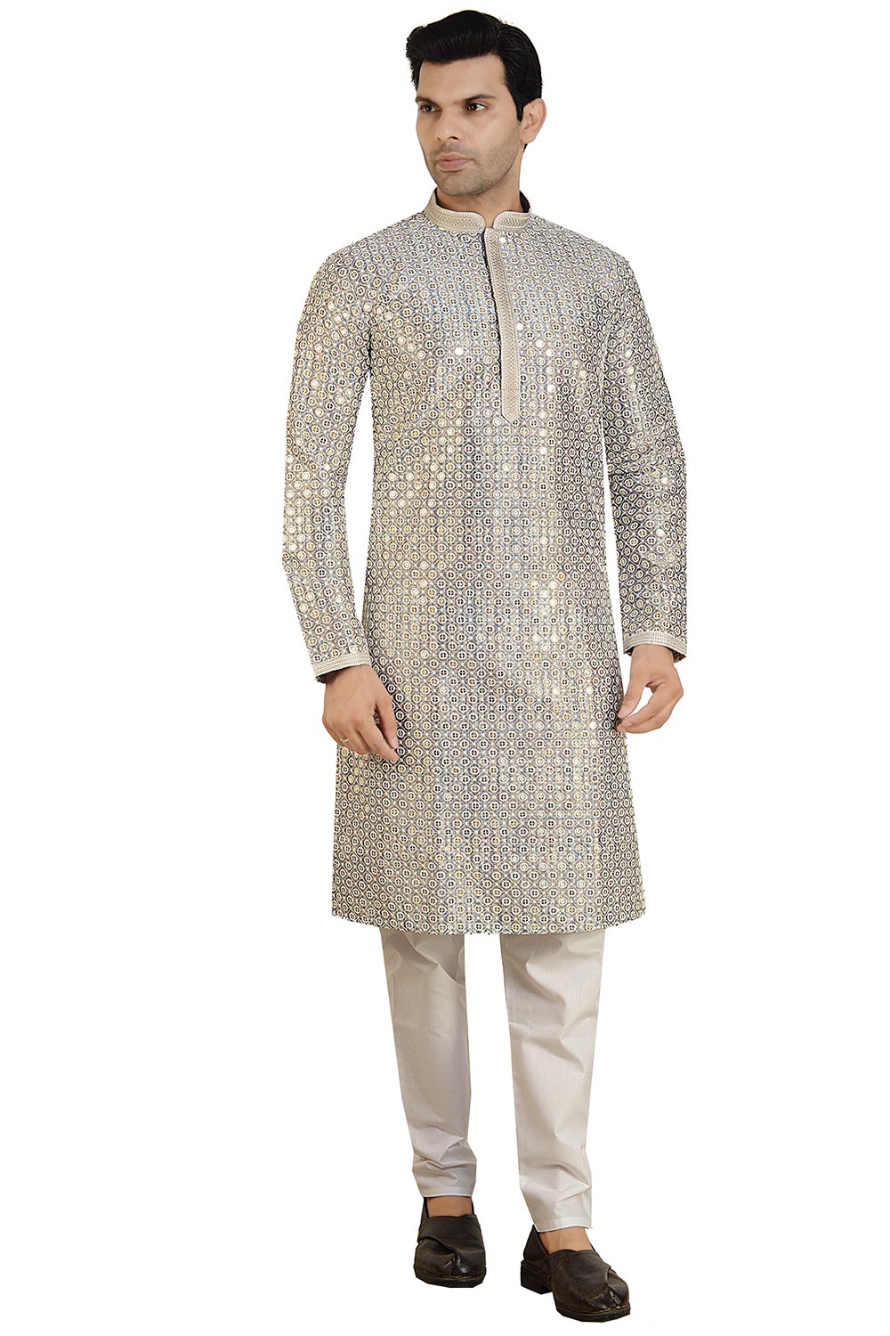 Silver Silk Mirror Sequin Embroidered Kurta Pajama