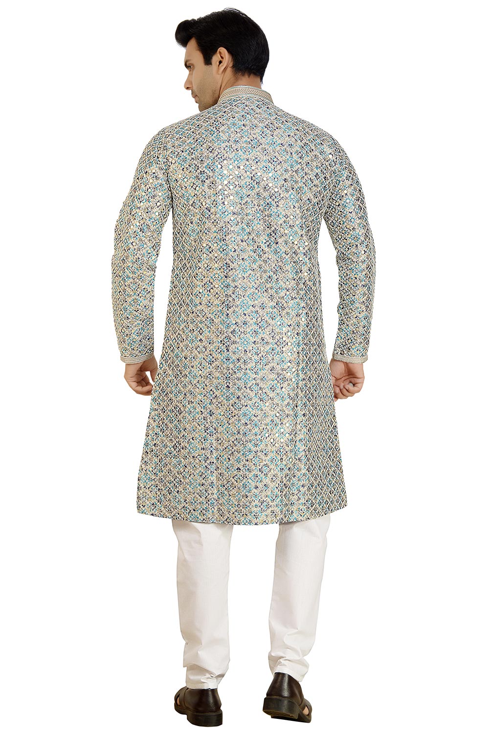 Blue Silk Mirror Sequin Embroidered Kurta Pajama