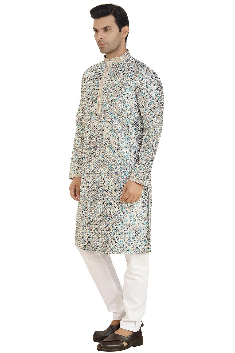 Blue Silk Mirror Sequin Embroidered Kurta Pajama