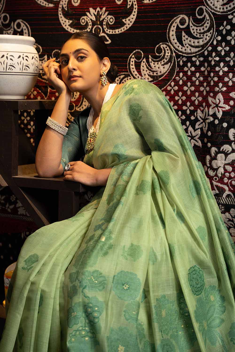 Green Woven Cotton Saree