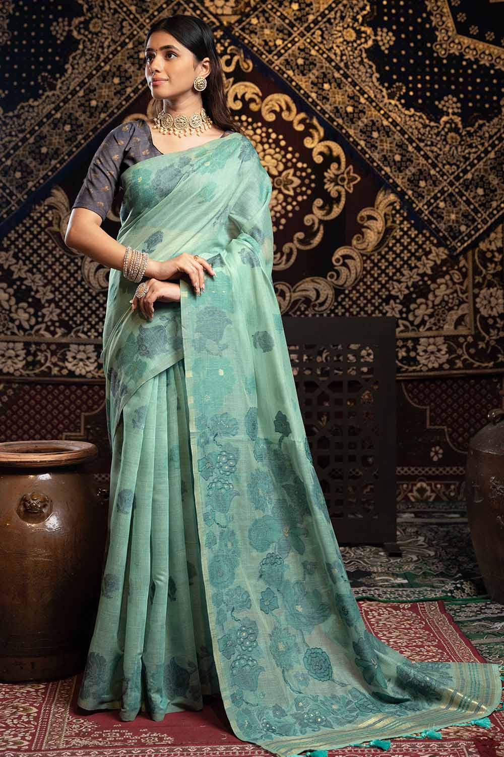 Blue Woven Cotton Saree