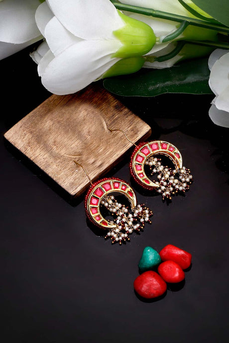 Red And Gold Drop Earring With Kundan And Pearls