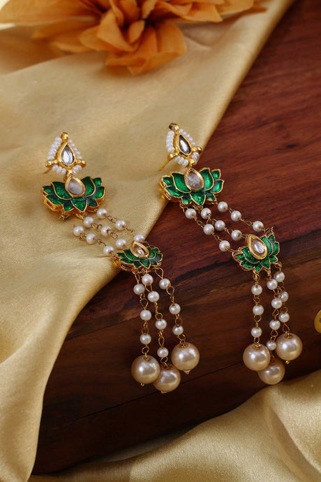 Green And Cream Drop Earring With Kundan, Pearls And Natural Stones