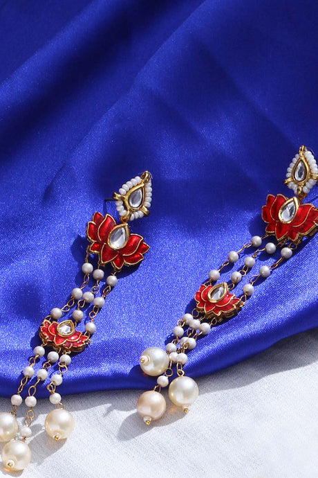 Red And White Drop Earring With Kundan And Pearls