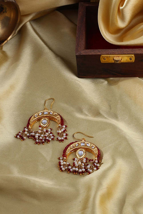 Red And Cream Drop Earring With Kundan And Pearls