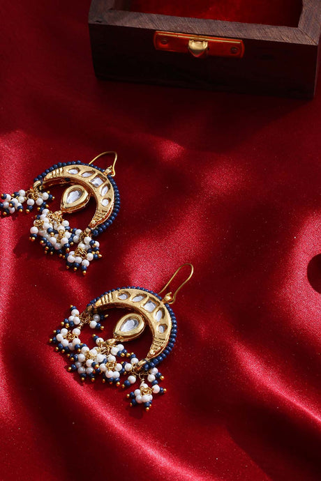 Blue, Gold,And Cream Drop Earring With Kundan And Pearls