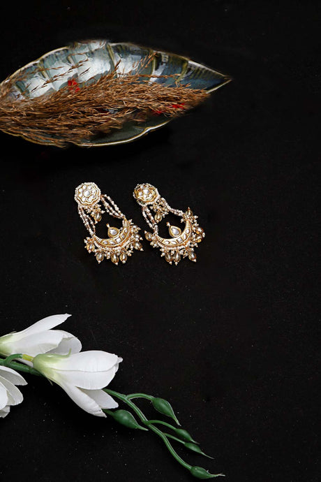 Cream And Gold Drop Earring With Kundan And Pearls