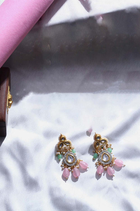 Pink And Green Drop Earring With Kundan And American Diamonds