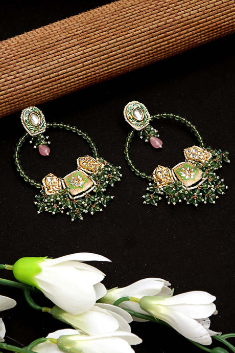 Green And Peach Drop Earring With Kundan And Pearls