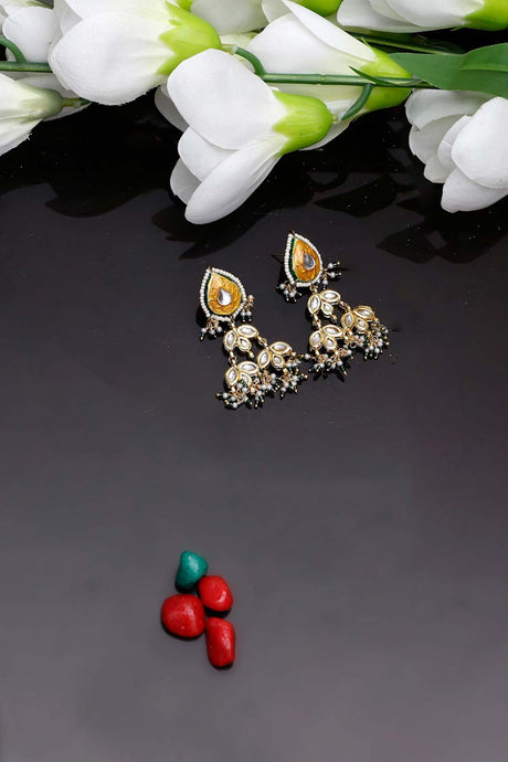 Orange And Green Drop Earring With Kundan And Pearls