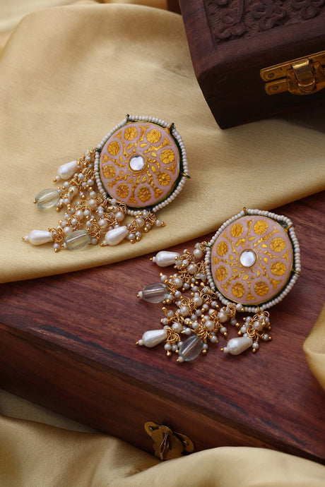 Peach And Yellow Drop Earring With Kundan And Pearls