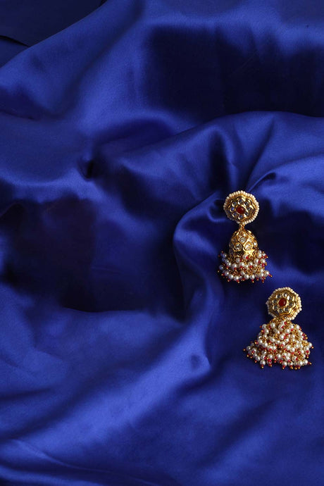 Red And Cream Jhumkas Earring With Kundan And American Diamonds