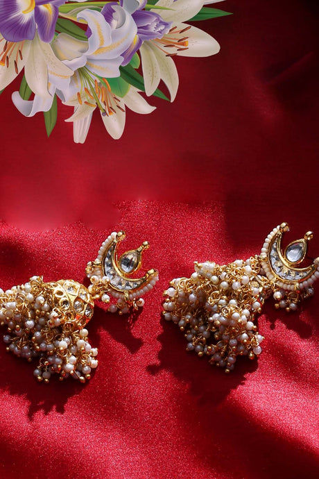 Cream And Gold Jhumkas Earring With Kundan And American Diamonds