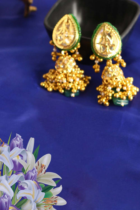 Green And Cream Jhumkas Earring With Kundan And American Diamonds