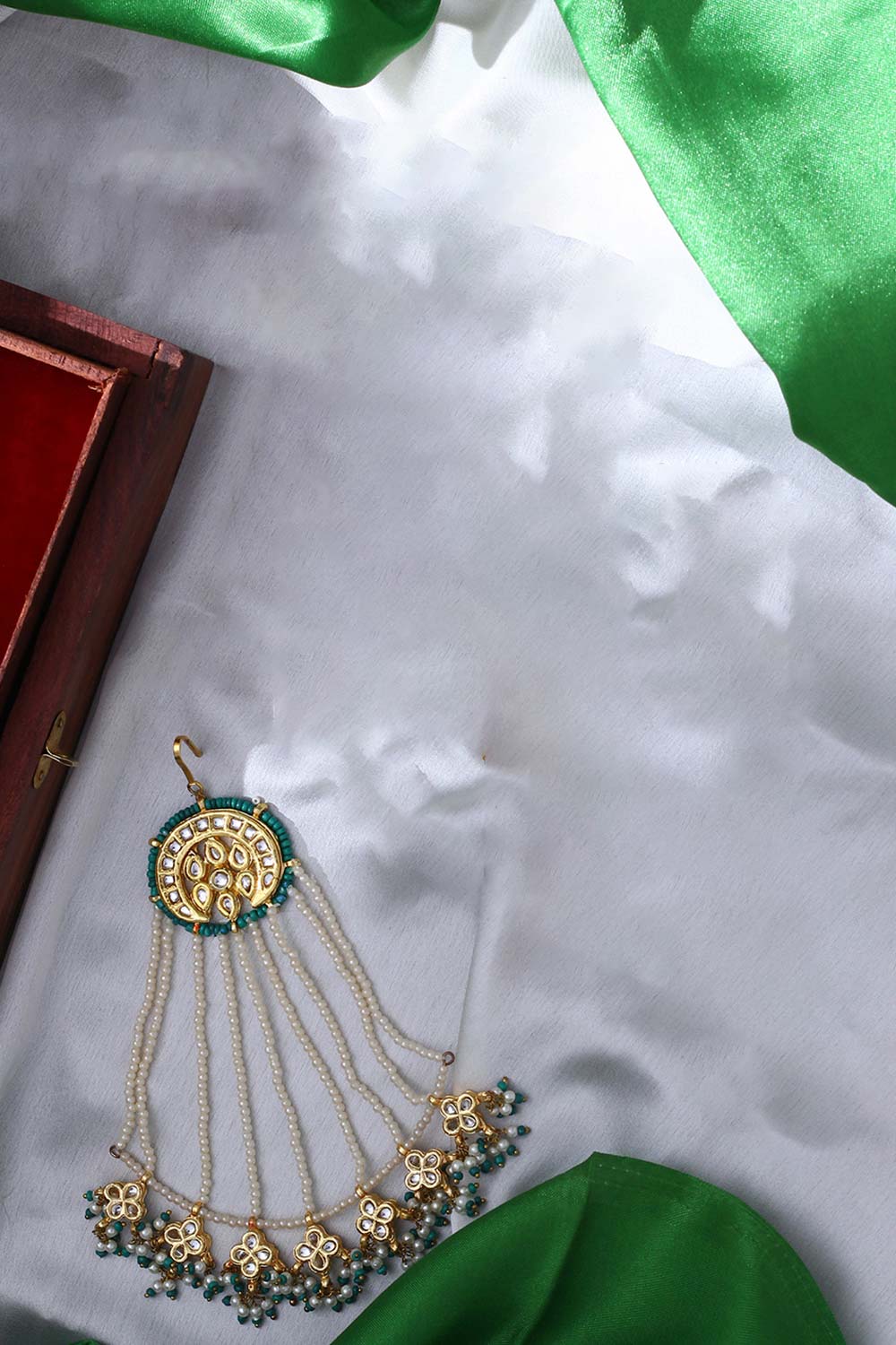 Green And Cream Maang Tikka Head Jeweler With Kundan And Pearls