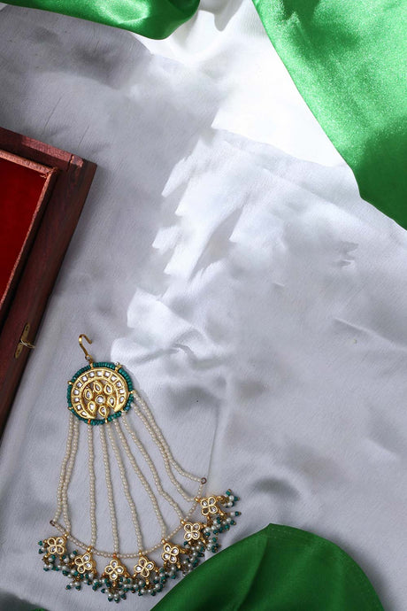 Green And Cream Passa Head Jewellery With Kundan And Pearls