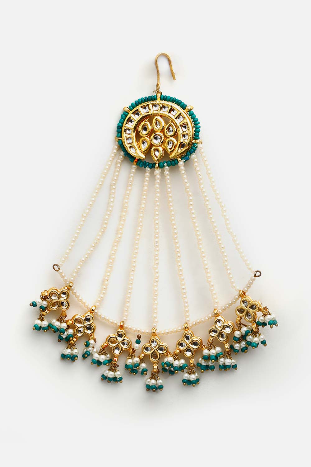 Green And Cream Passa Head Jewellery With Kundan And Pearls