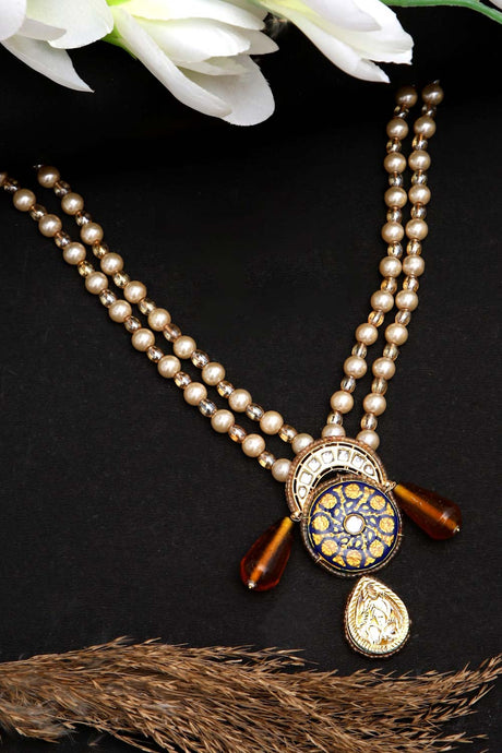 Blue And Brown Haar Necklace Kundan And Pearls