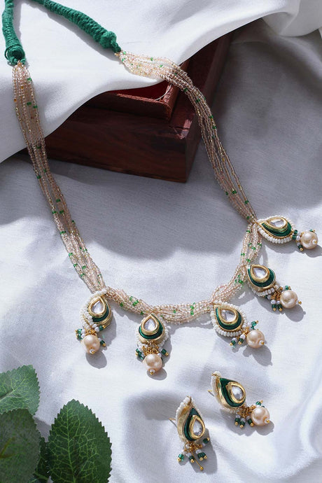 Green, Peach And Gold Necklace With Earring Jewellery Set Kundan And Pearls